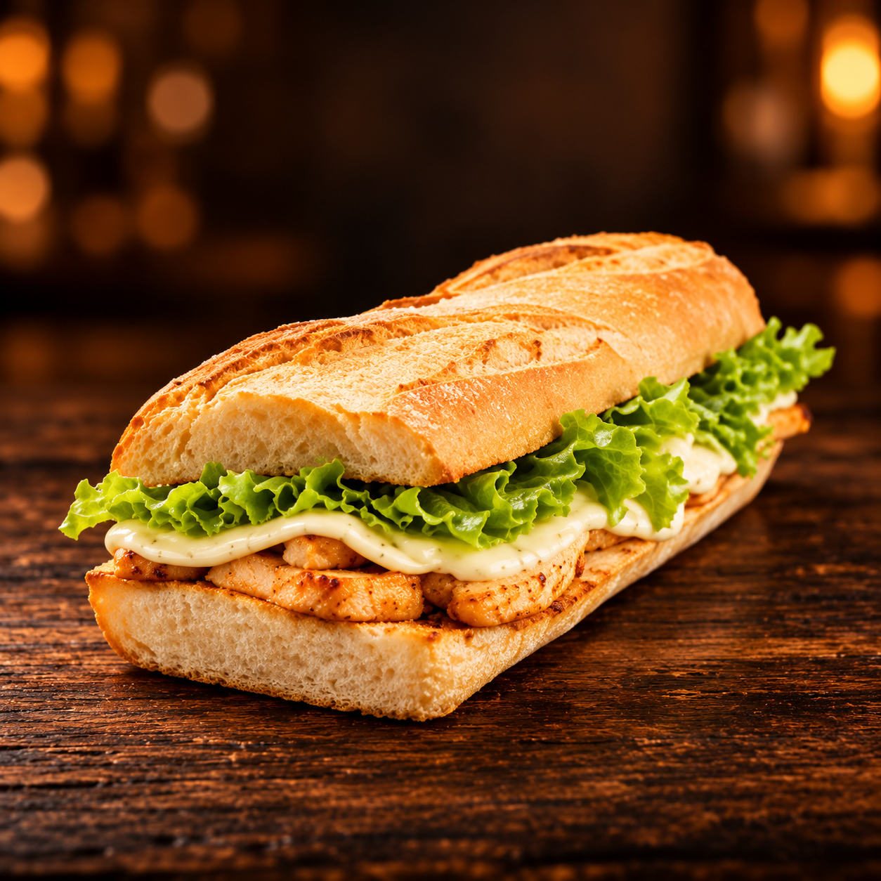 Überbackenes Baguette mit Hähnchen, Käse und Salat