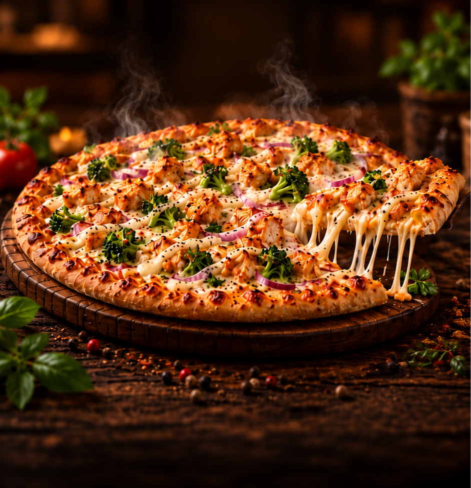 Pizza mit Hähnchen, Brokkoli und roten Zwiebeln auf einem Holzbrett