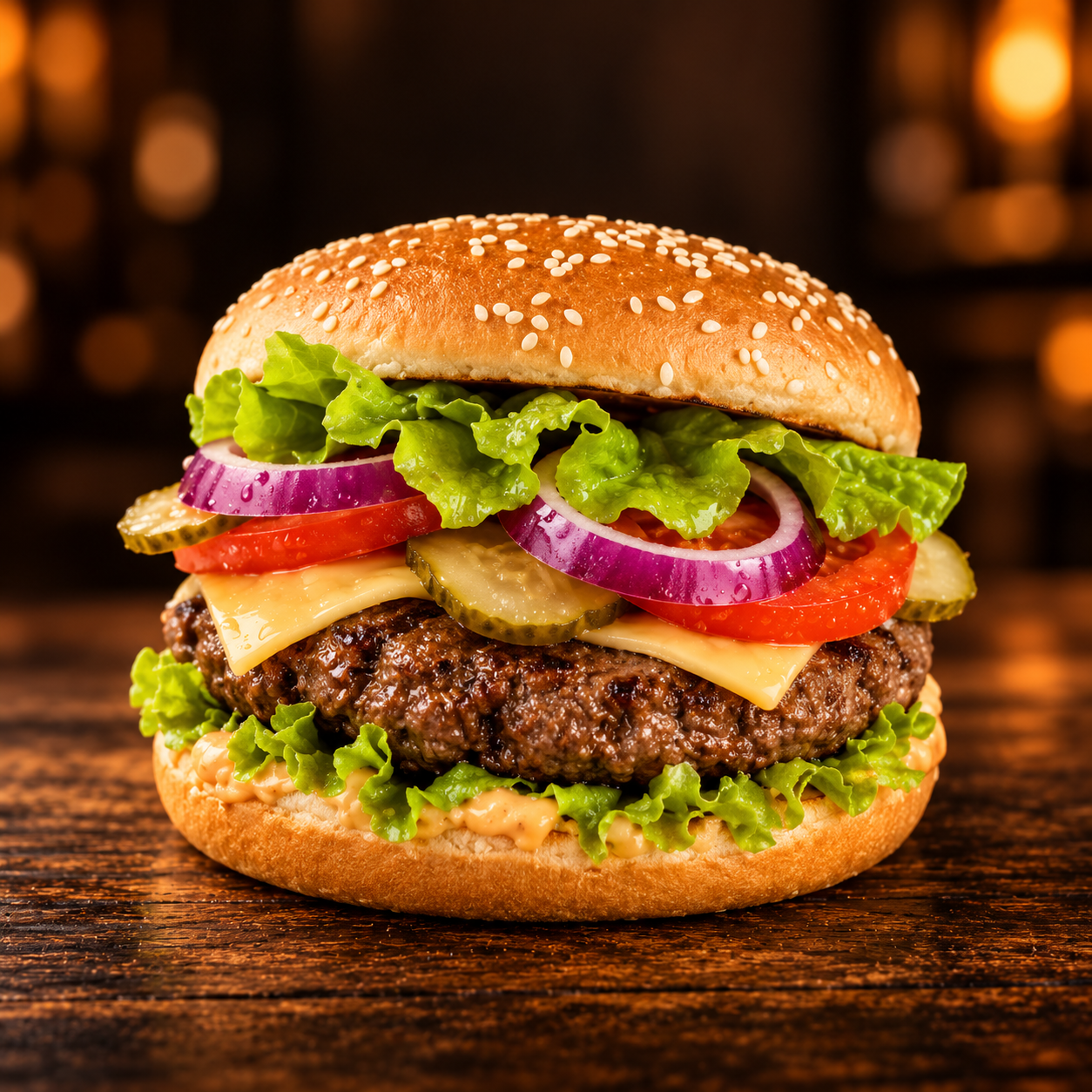 Burger mit Rindfleisch-Patty, Käse, Salat, Tomate, roten Zwiebeln und Gewürzgurken